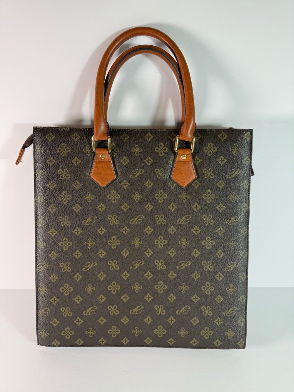 Brown Monogram Tote Bag with Tan Handles